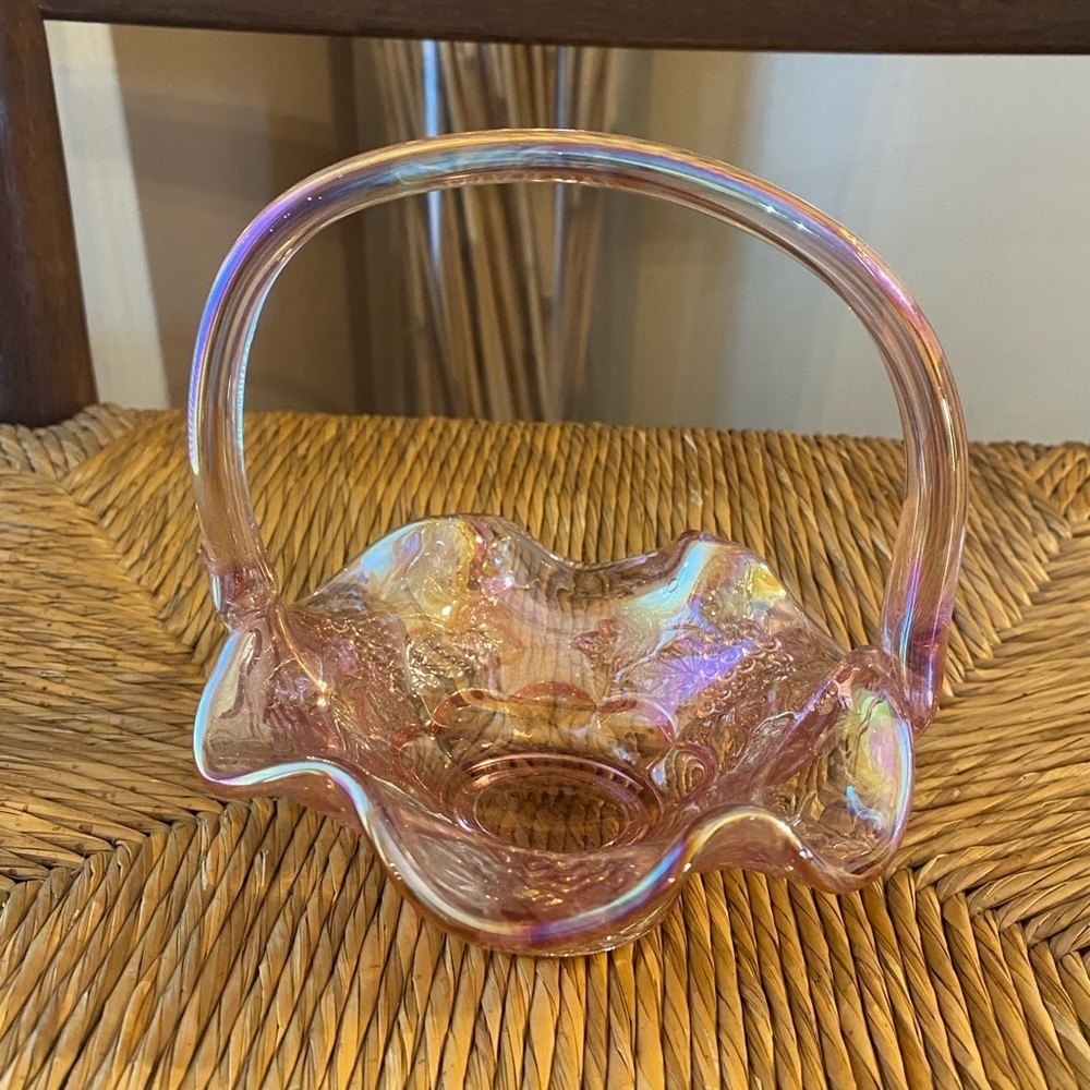 Vintage 90s FENTON Glass Mini Basket Opalescent Iridescent Pink GRAPE AND CABLE